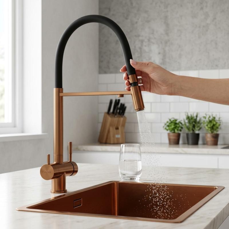 Pure.Sink Elite Steel Flex 3-weg PVD koper keukenkraan met flexibele uitloop en Gefilterd Water PS8110-62